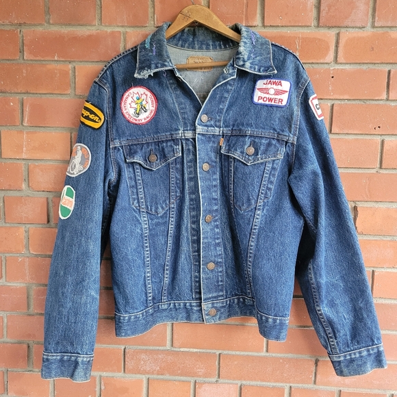 Vintage custom folk art levis denim jacket motorcycle patches paris ontario mens - Picture 1 of 8